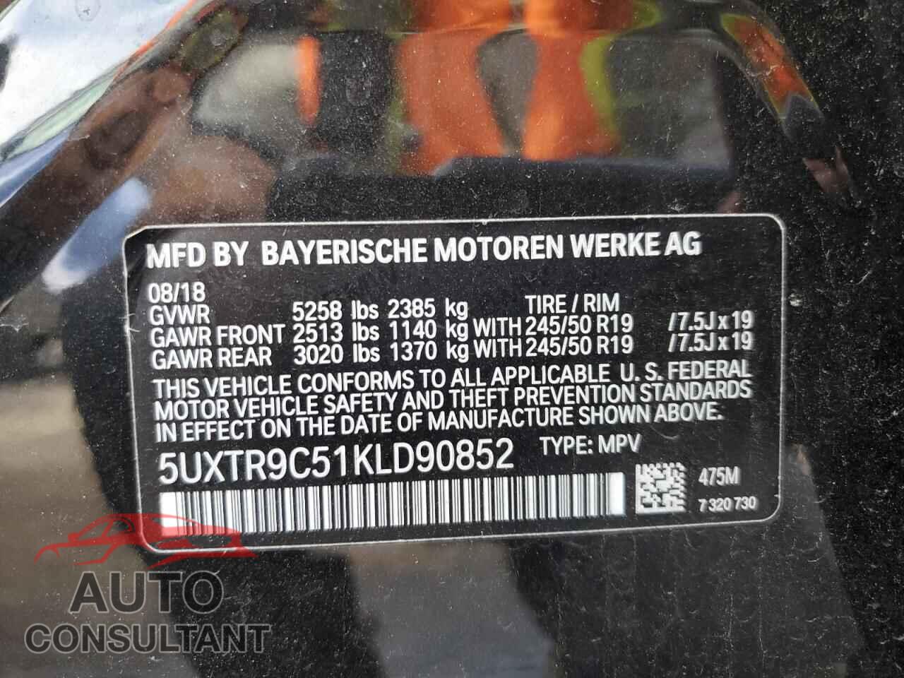 BMW X3 2019 - 5UXTR9C51KLD90852