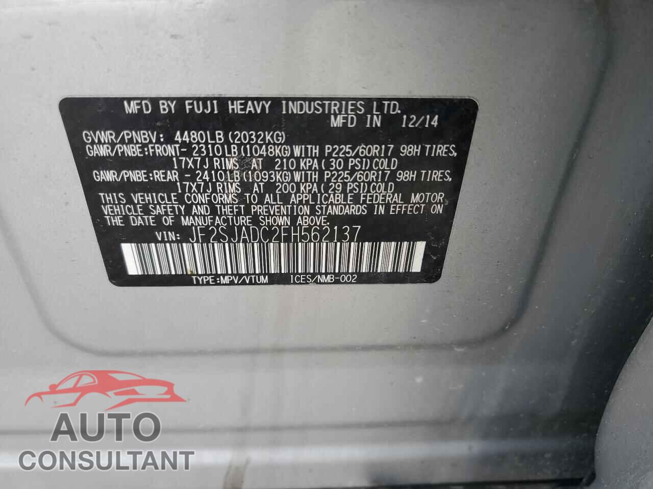SUBARU FORESTER 2015 - JF2SJADC2FH562137