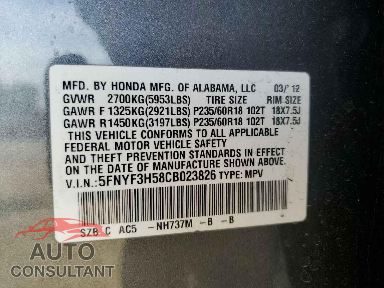 HONDA PILOT 2012 - 5FNYF3H58CB023826