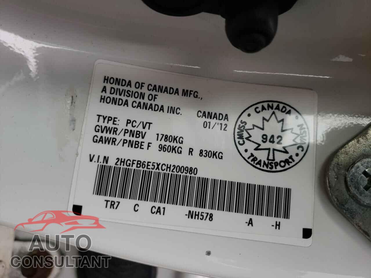 HONDA CIVIC 2012 - 2HGFB6E5XCH200980