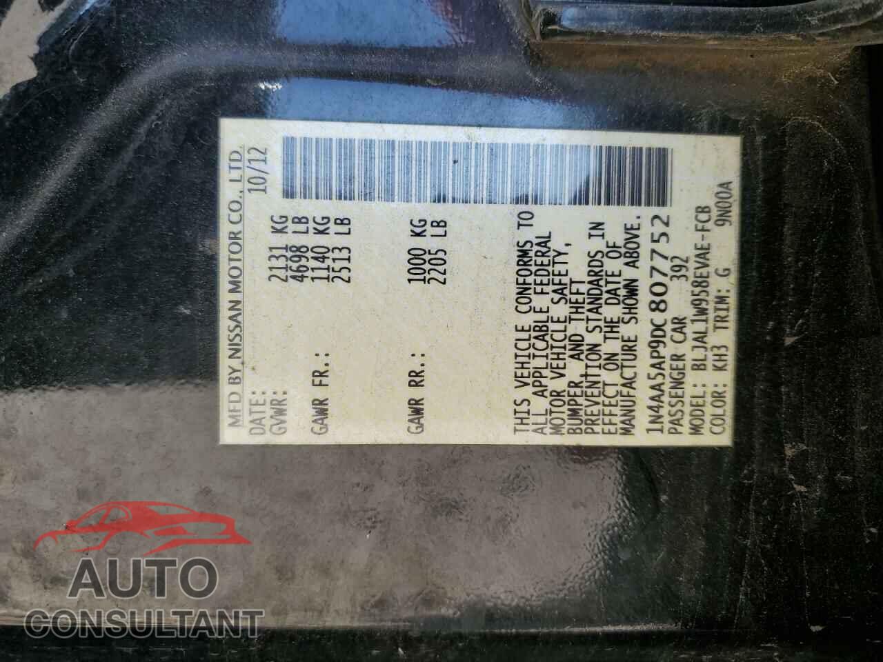NISSAN MAXIMA 2013 - 1N4AA5AP9DC807752