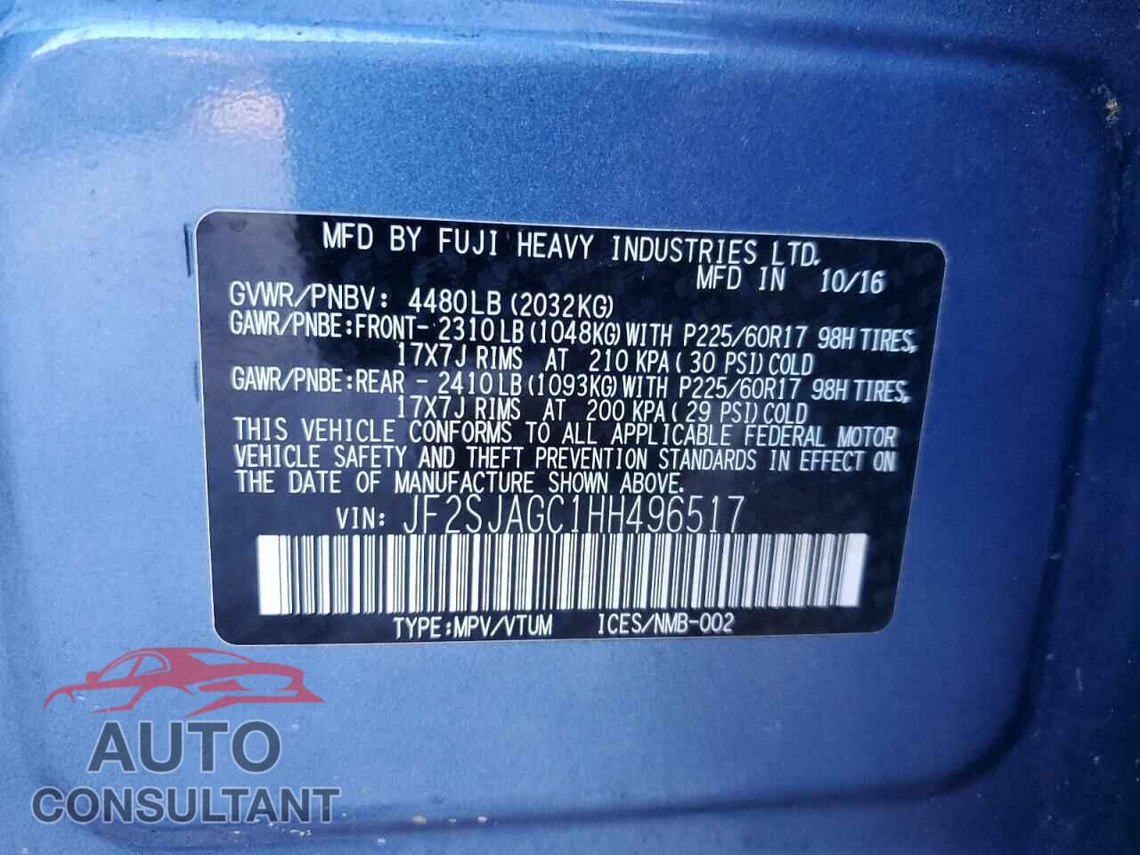 SUBARU FORESTER 2017 - JF2SJAGC1HH496517
