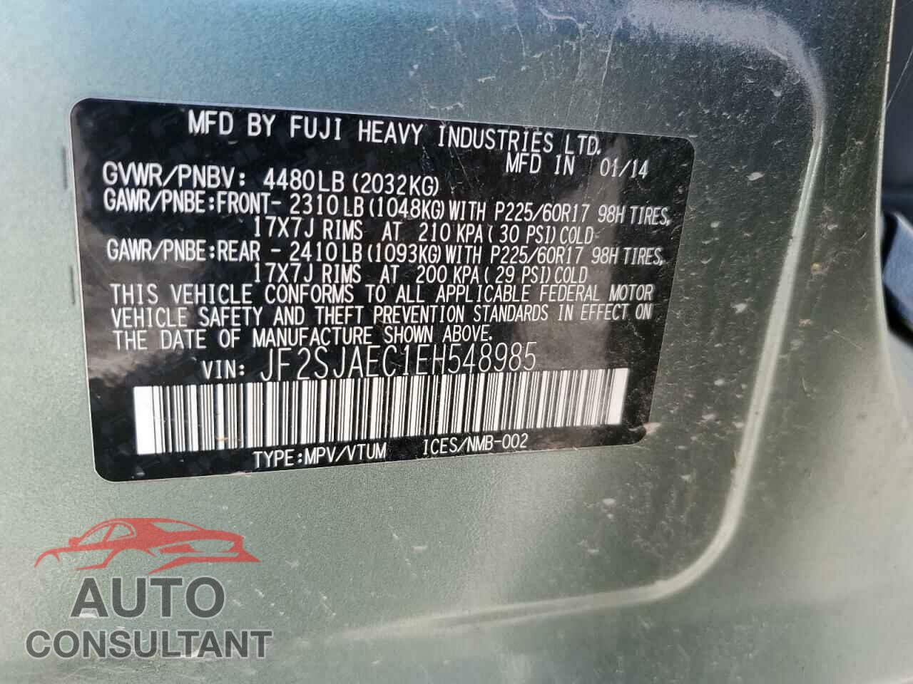 SUBARU FORESTER 2014 - JF2SJAEC1EH548985