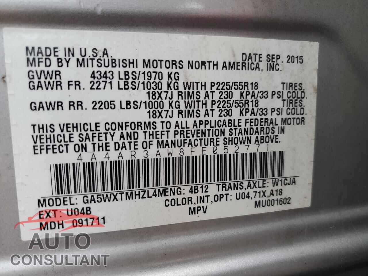 MITSUBISHI OUTLANDER 2015 - 4A4AR3AW8FE052771