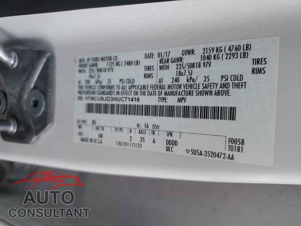 FORD ESCAPE 2017 - 1FMCU9JD3HUC71416