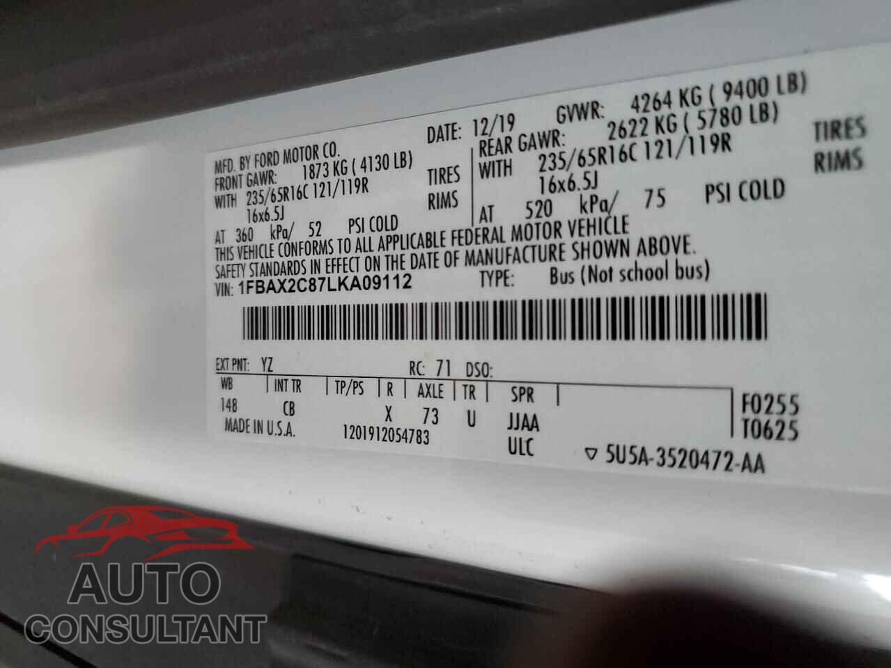 FORD TRANSIT 2020 - 1FBAX2C87LKA09112