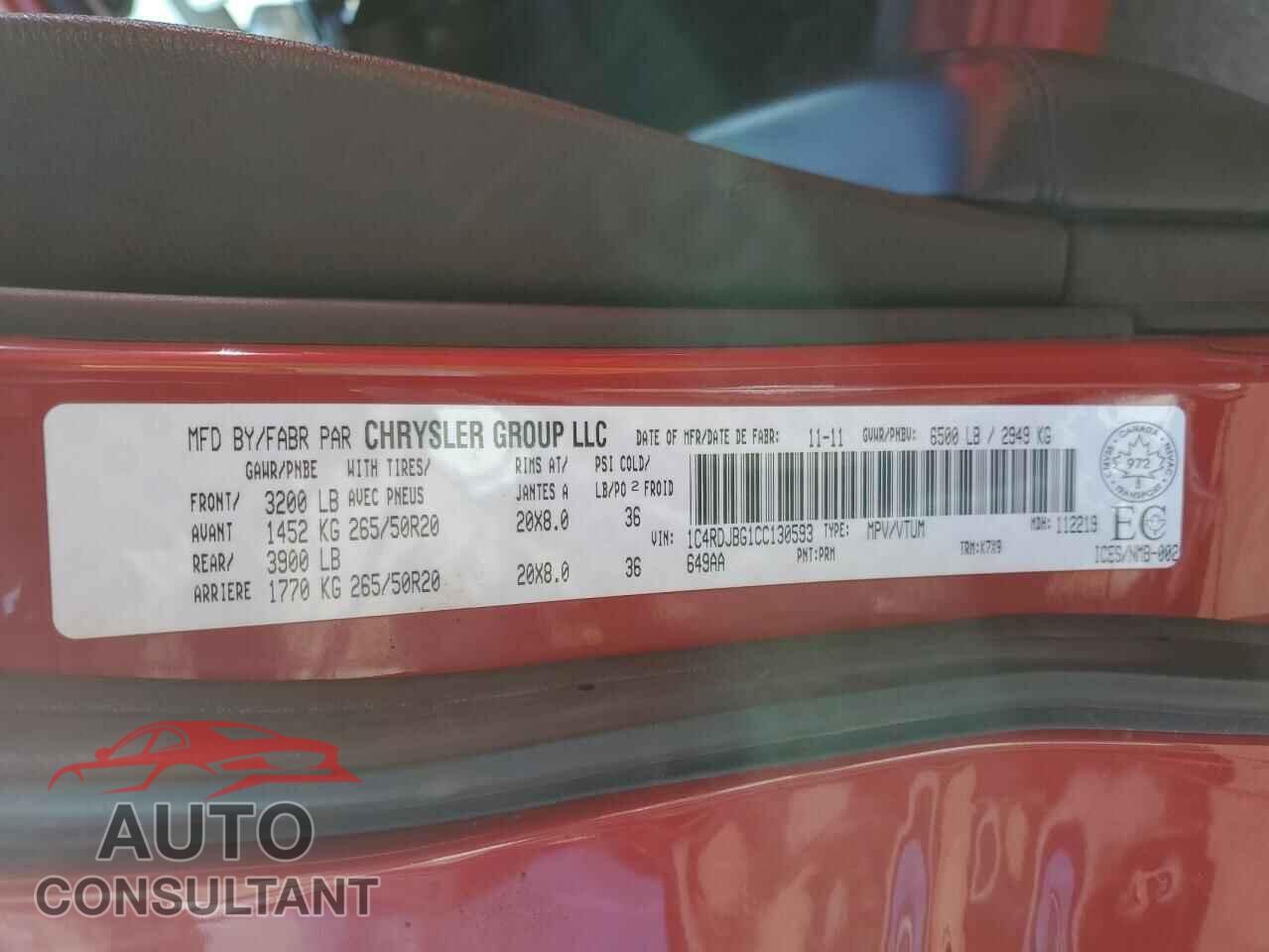 DODGE DURANGO 2012 - 1C4RDJBG1CC130593