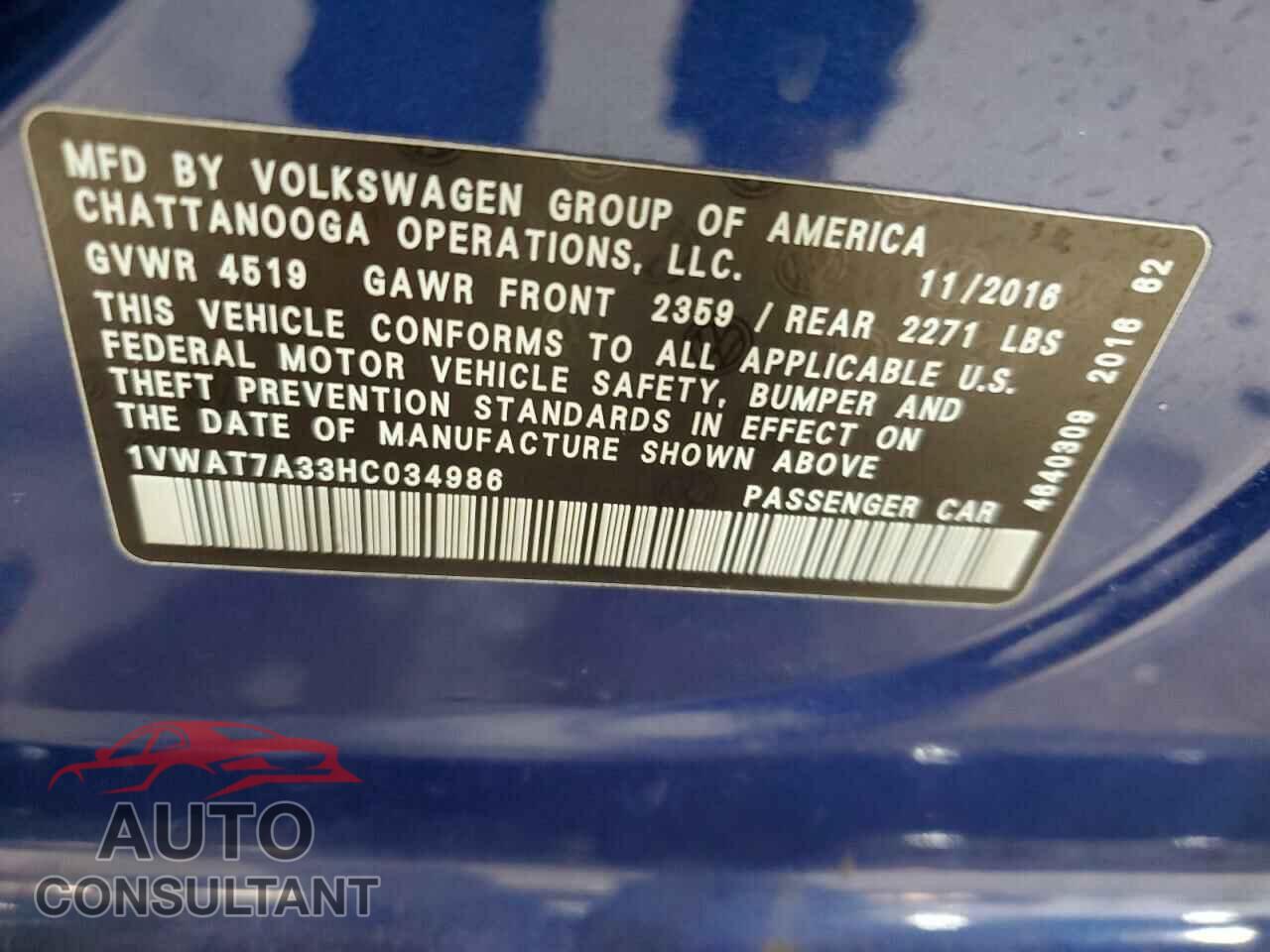 VOLKSWAGEN PASSAT 2017 - 1VWAT7A33HC034986