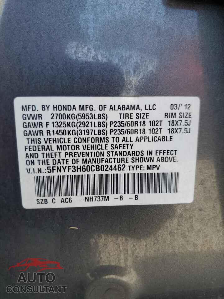 HONDA PILOT 2012 - 5FNYF3H60CB024462
