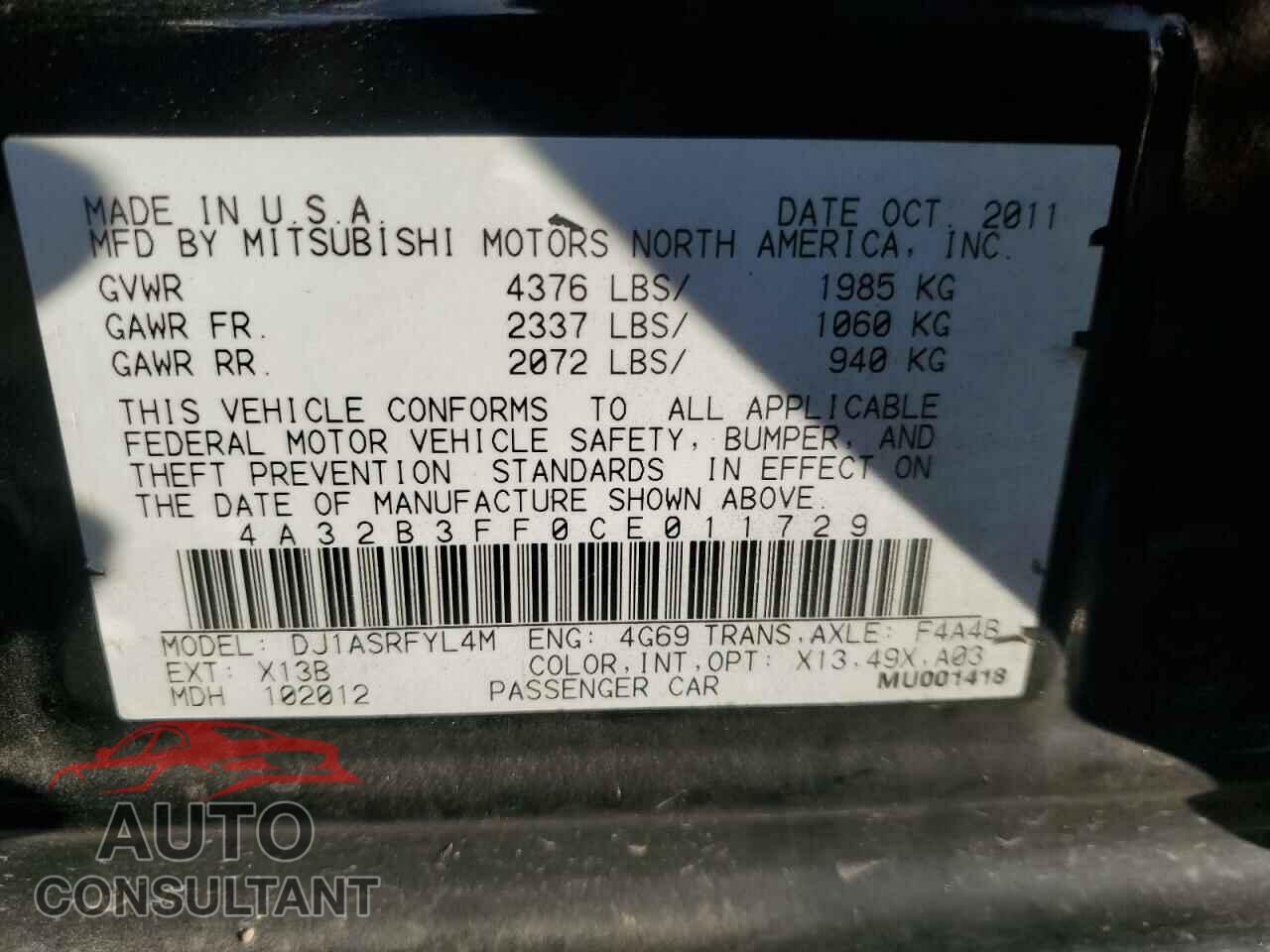 MITSUBISHI GALANT 2012 - 4A32B3FF0CE011729
