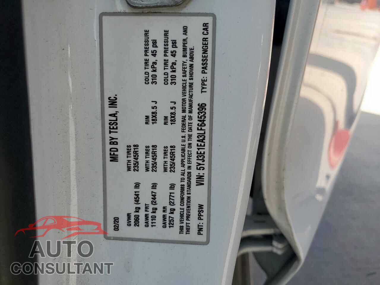 TESLA MODEL 3 2020 - 5YJ3E1EA3LF645396