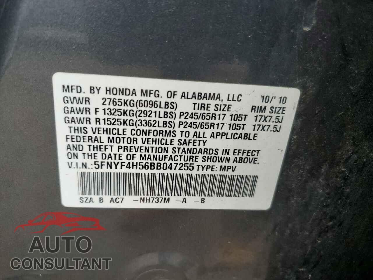 HONDA PILOT 2011 - 5FNYF4H56BB047255