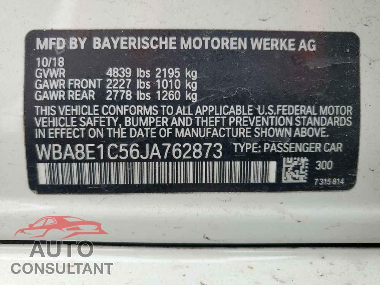 BMW 3 SERIES 2018 - WBA8E1C56JA762873