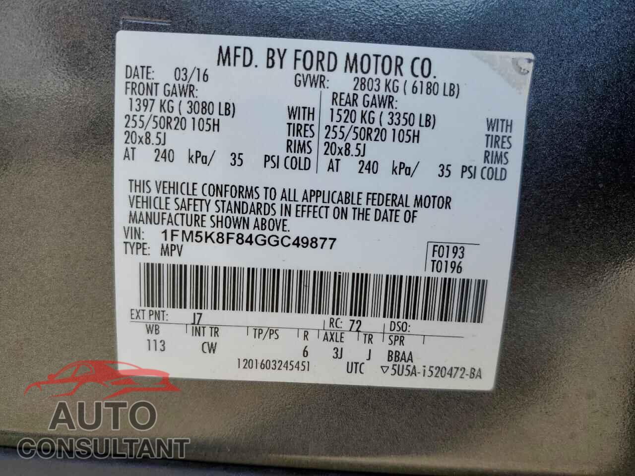FORD EXPLORER 2016 - 1FM5K8F84GGC49877