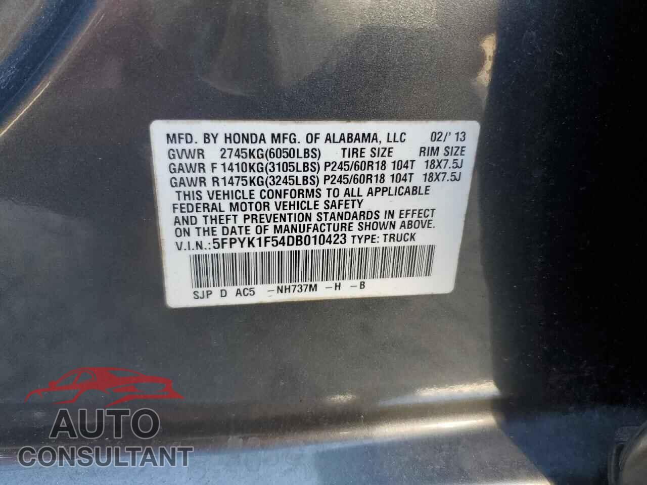 HONDA RIDGELINE 2013 - 5FPYK1F54DB010423