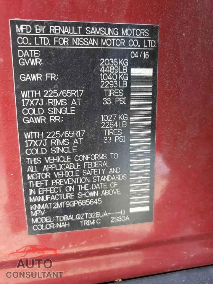 NISSAN ROGUE 2016 - KNMAT2MT9GP685645