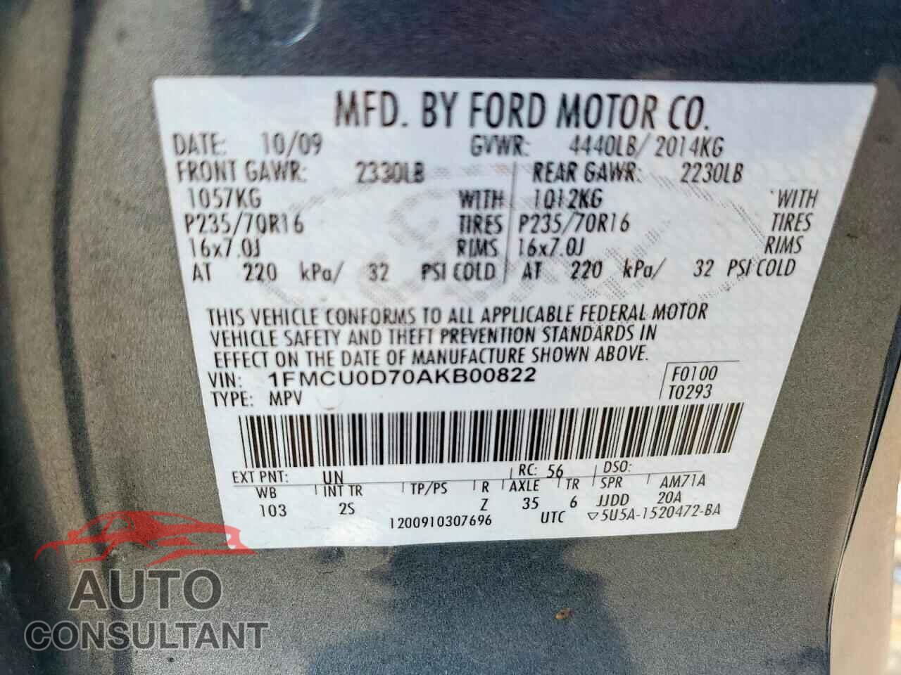 FORD ESCAPE 2010 - 1FMCU0D70AKB00822