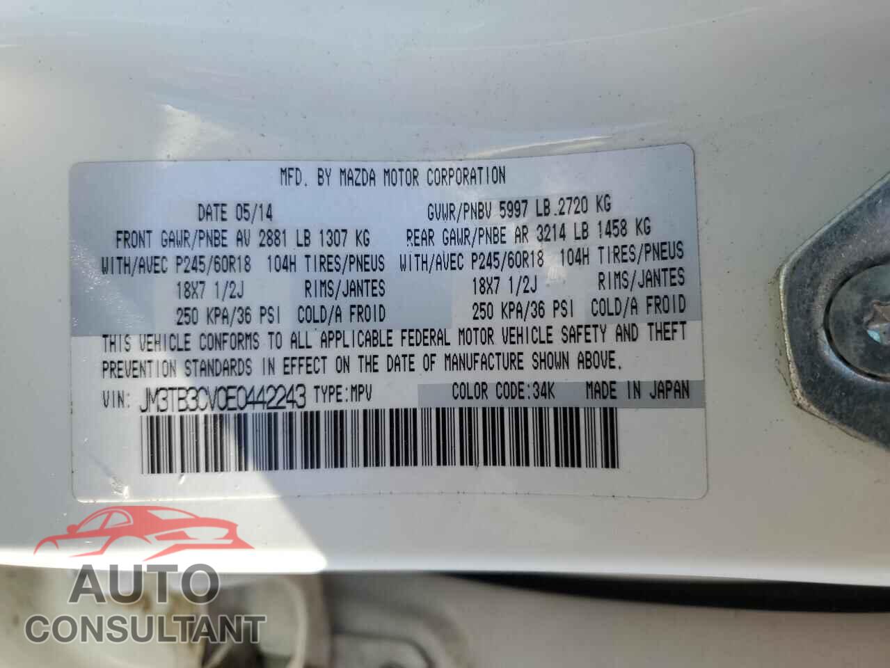 MAZDA CX-9 2014 - JM3TB3CV0E0442243