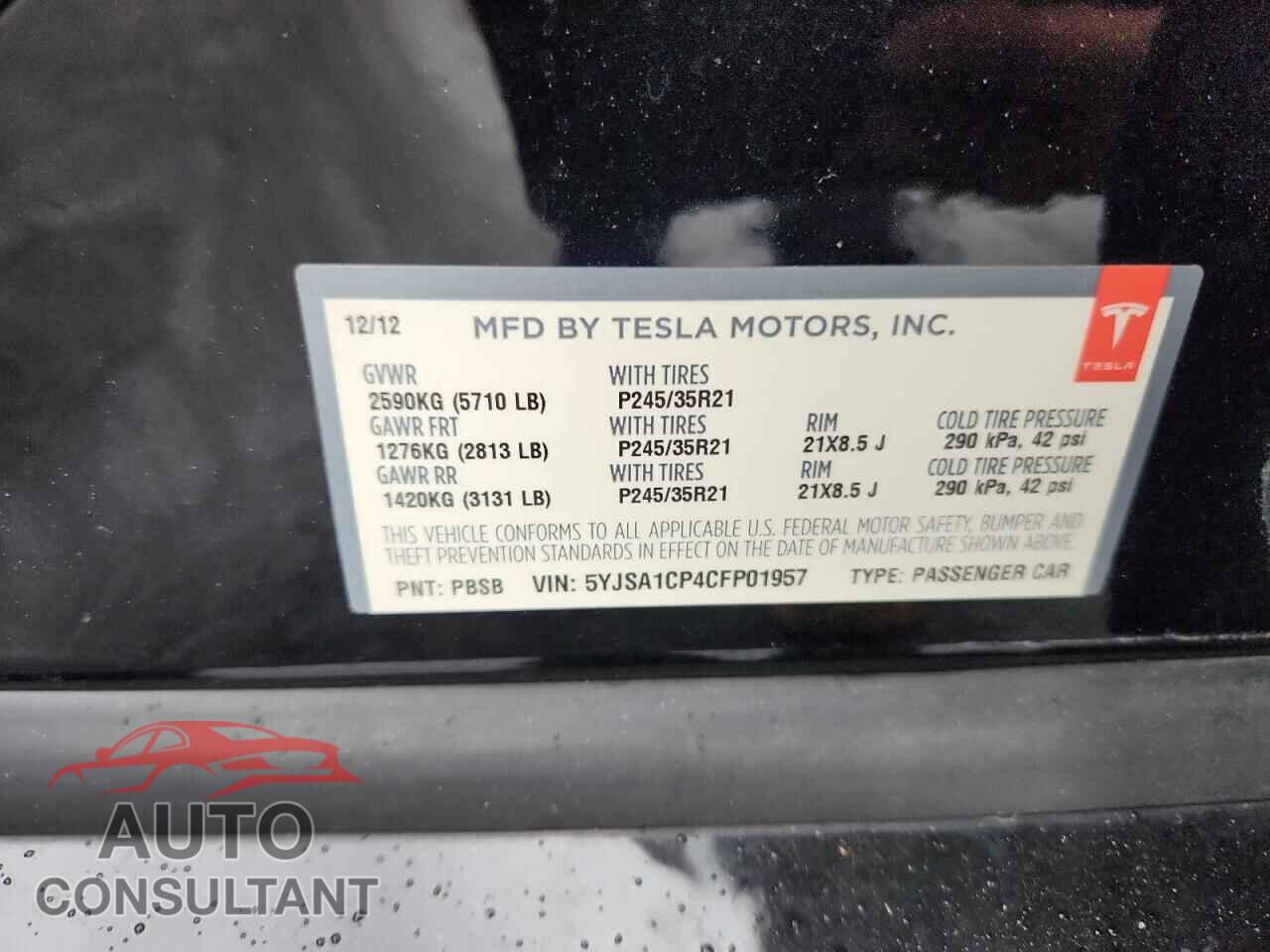 TESLA MODEL S 2012 - 5YJSA1CP4CFP01957