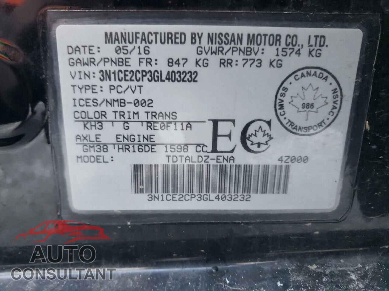 NISSAN VERSA 2016 - 3N1CE2CP3GL403232