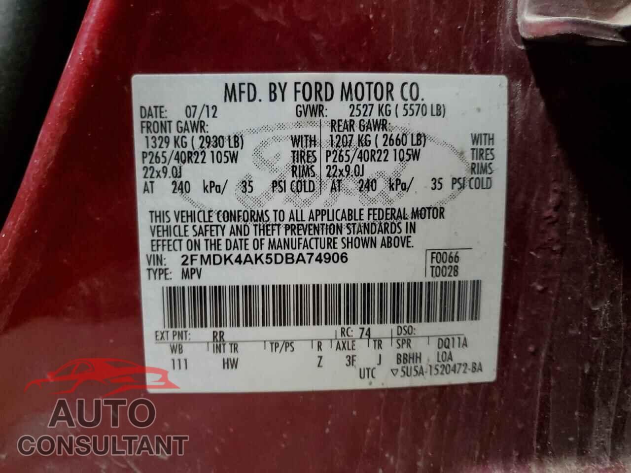 FORD EDGE 2013 - 2FMDK4AK5DBA74906