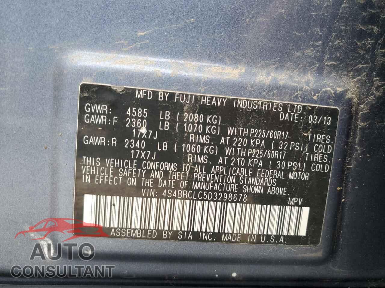 SUBARU OUTBACK 2013 - 4S4BRCLC5D3298678