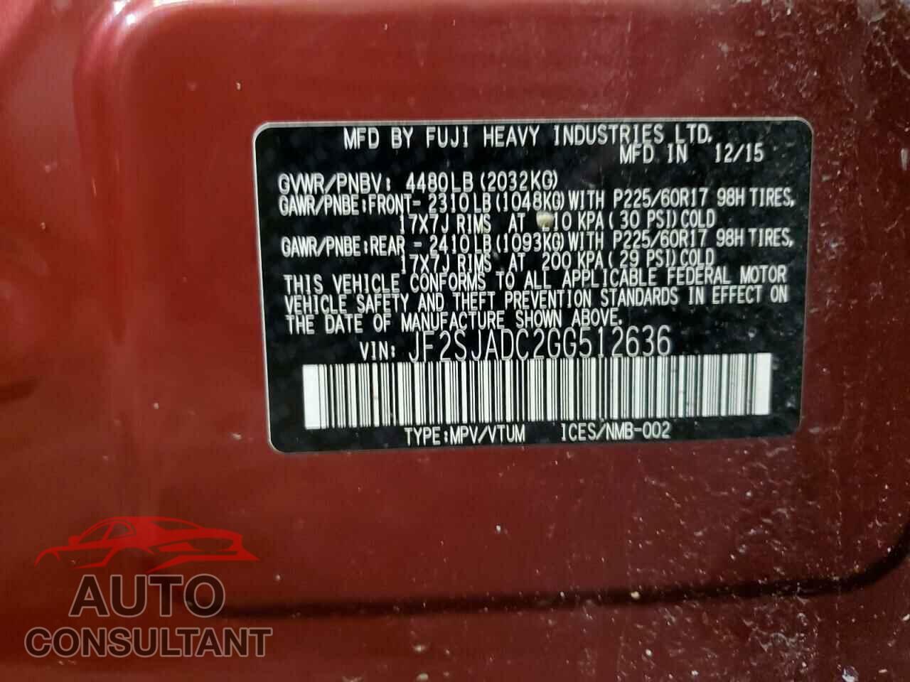 SUBARU FORESTER 2016 - JF2SJADC2GG512636