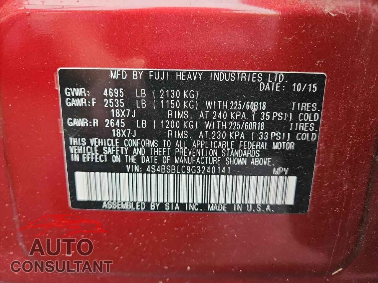 SUBARU OUTBACK 2016 - 4S4BSBLC9G3240141