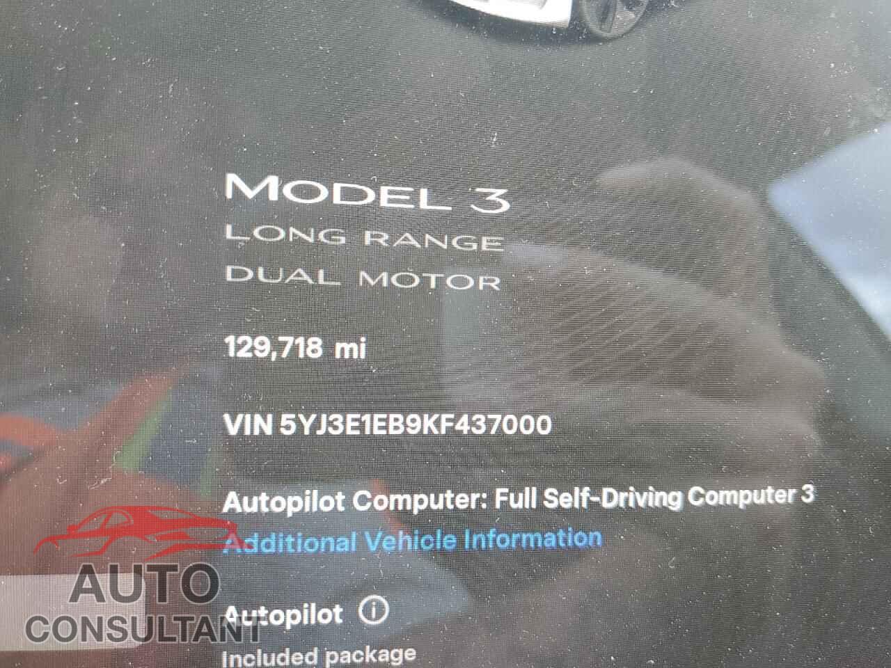 TESLA MODEL 3 2019 - 5YJ3E1EB9KF437000