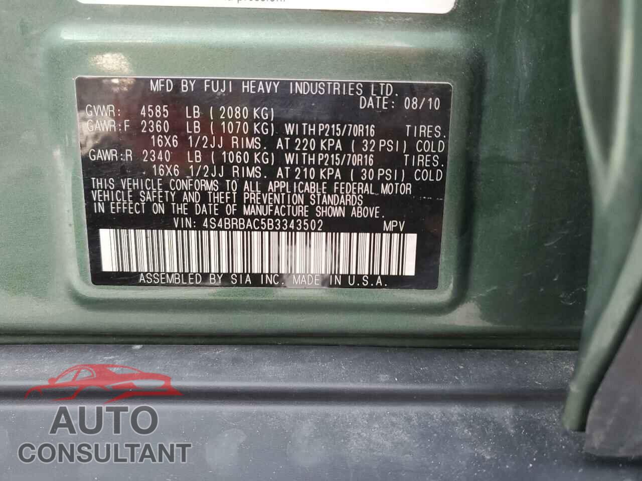 SUBARU OUTBACK 2011 - 4S4BRBAC5B3343502