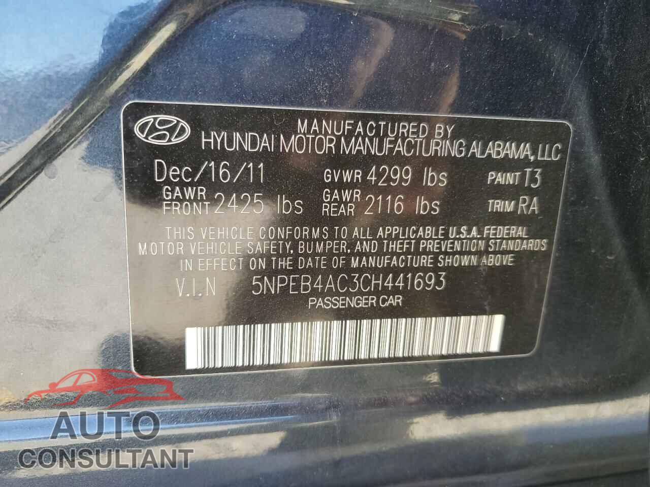 HYUNDAI SONATA 2012 - 5NPEB4AC3CH441693