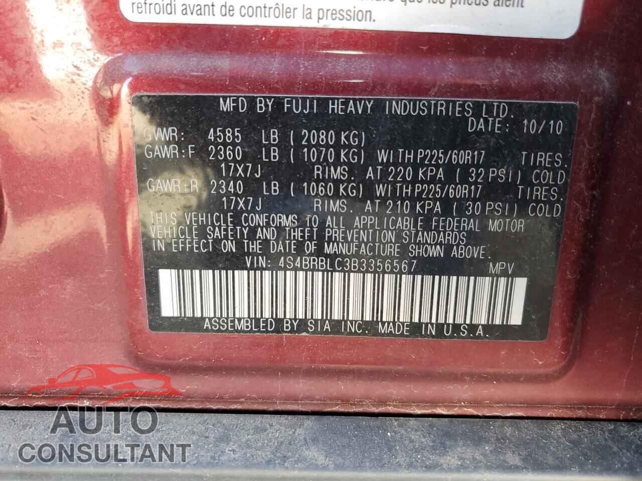 SUBARU OUTBACK 2011 - 4S4BRBLC3B3356567