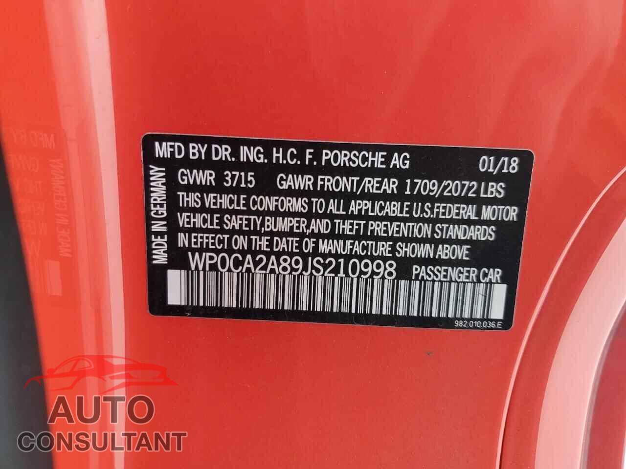 PORSCHE BOXSTER 2018 - WP0CA2A89JS210998