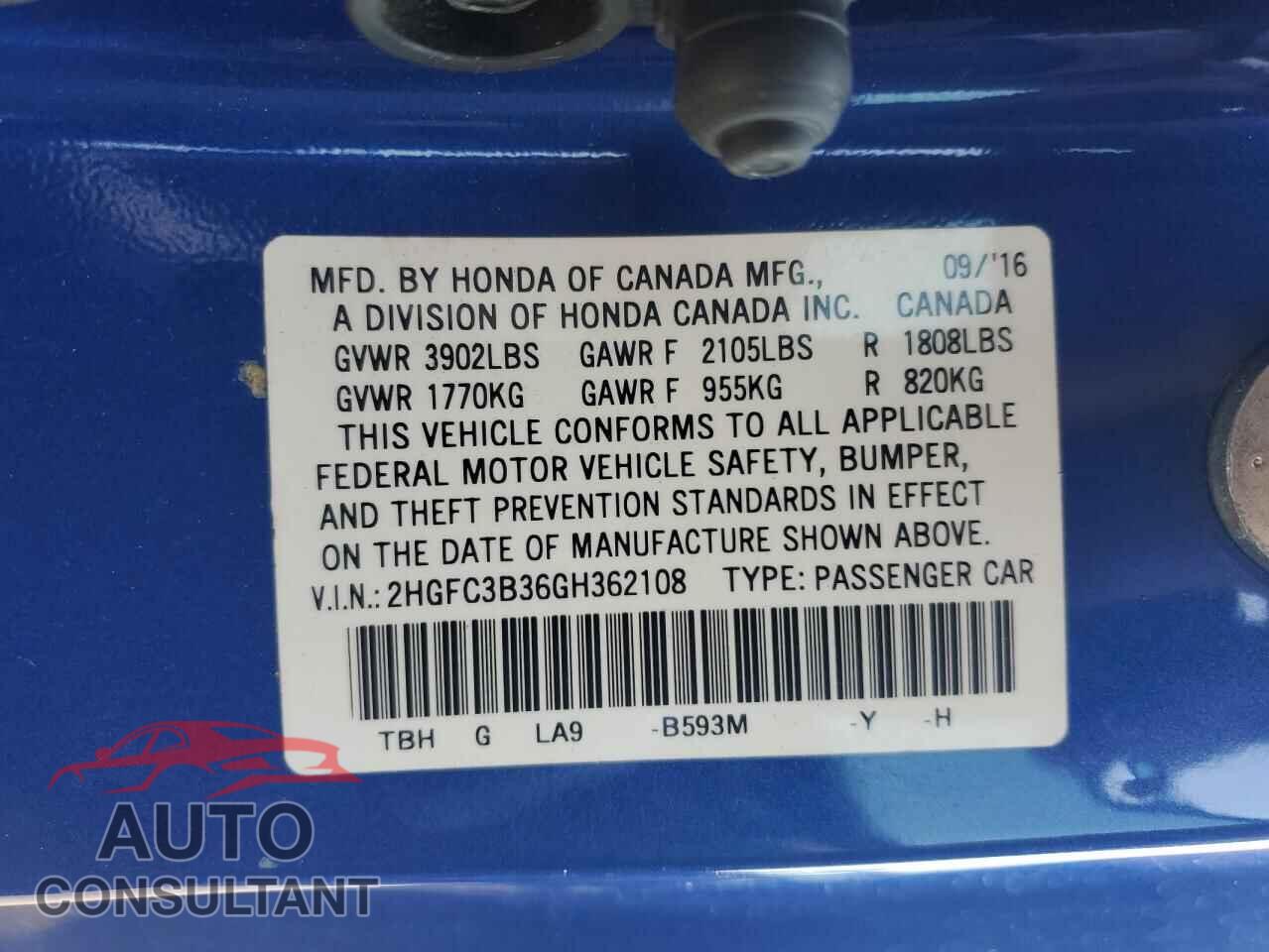 HONDA CIVIC 2016 - 2HGFC3B36GH362108