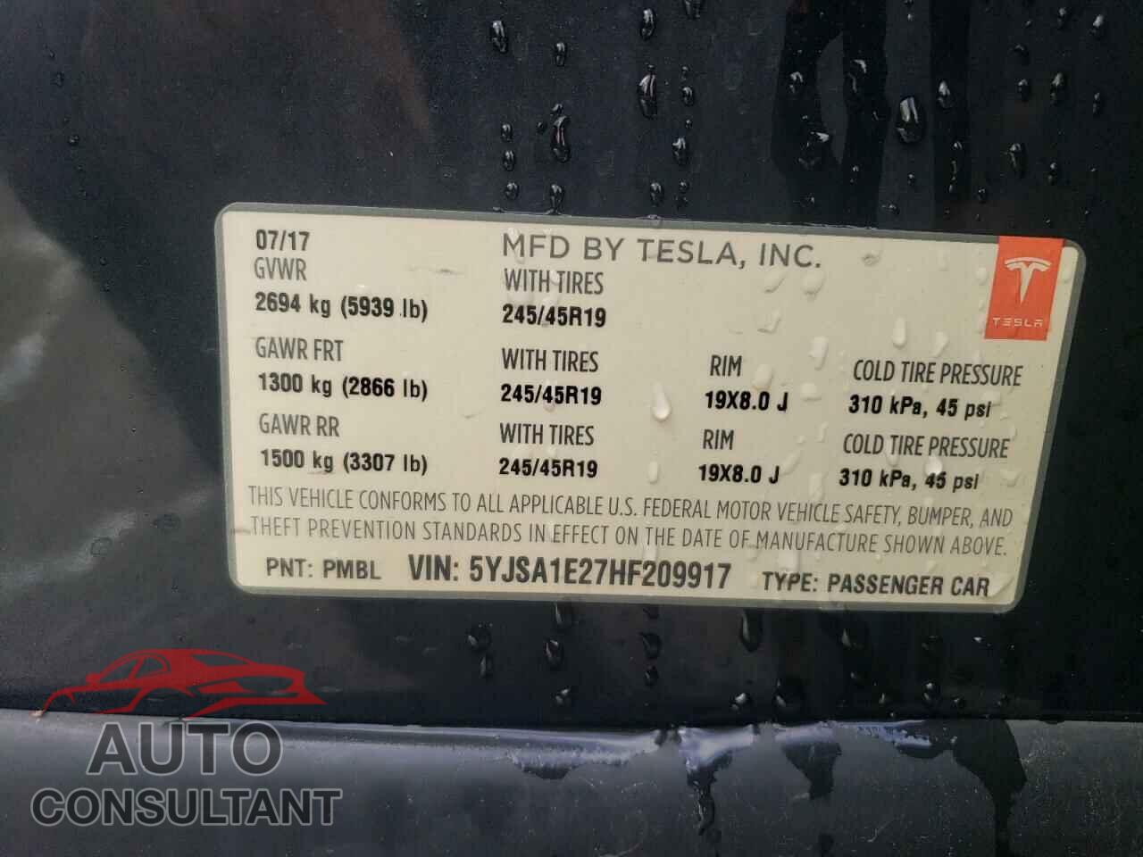 TESLA MODEL S 2017 - 5YJSA1E27HF209917