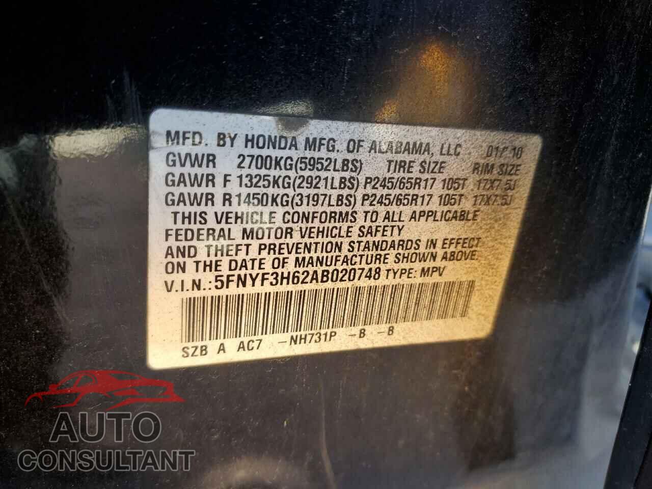 HONDA PILOT 2010 - 5FNYF3H62AB020748