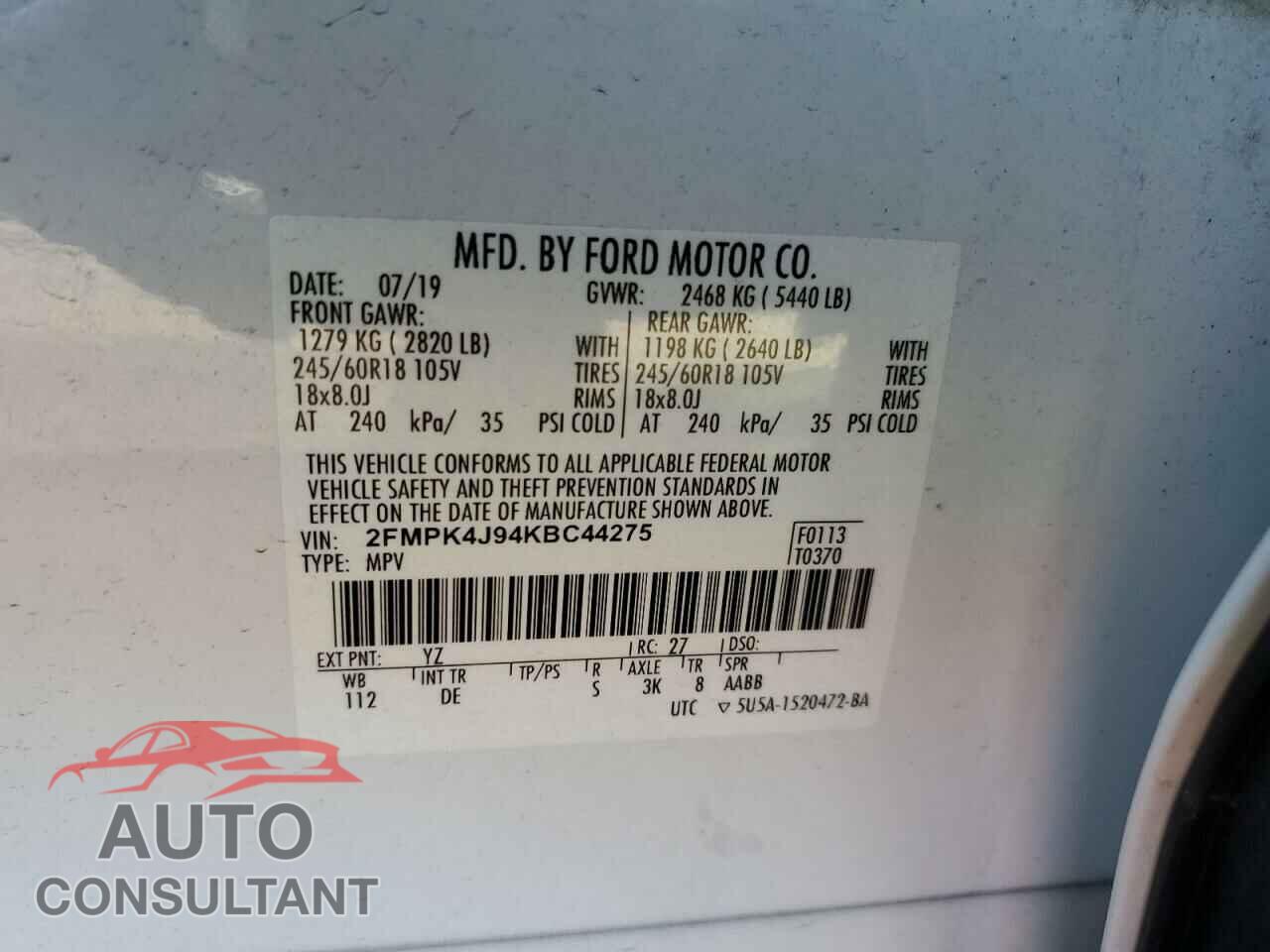FORD EDGE 2019 - 2FMPK4J94KBC44275