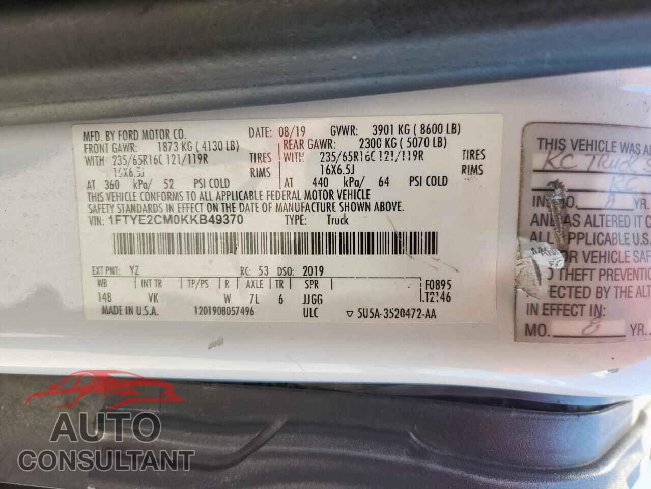 FORD TRANSIT 2019 - 1FTYE2CM0KKB49370