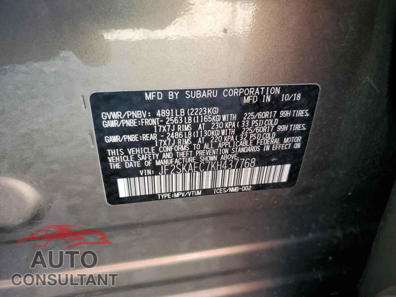 SUBARU FORESTER 2019 - JF2SKAEC7KH437768