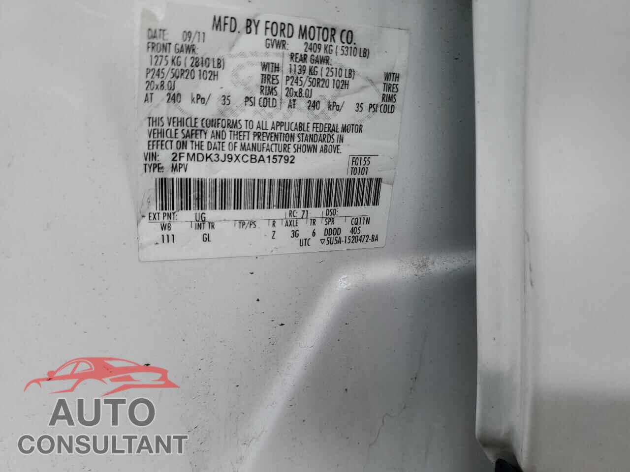 FORD EDGE 2012 - 2FMDK3J9XCBA15792