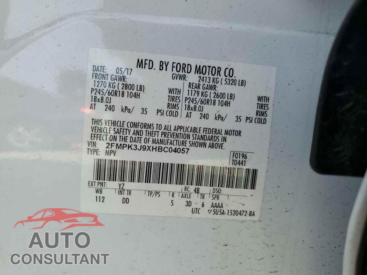 FORD EDGE 2017 - 2FMPK3J9XHBC04057