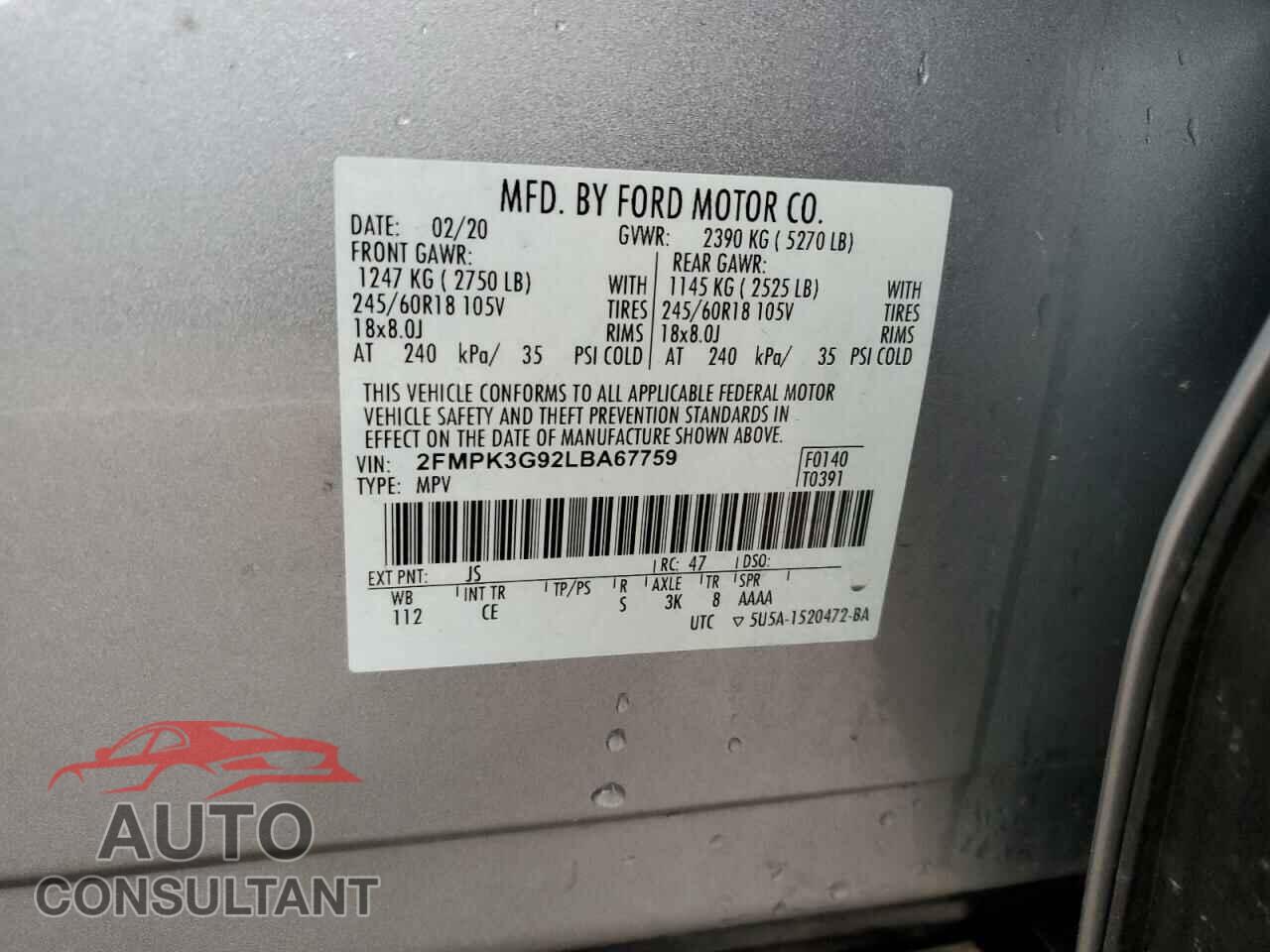FORD EDGE 2020 - 2FMPK3G92LBA67759