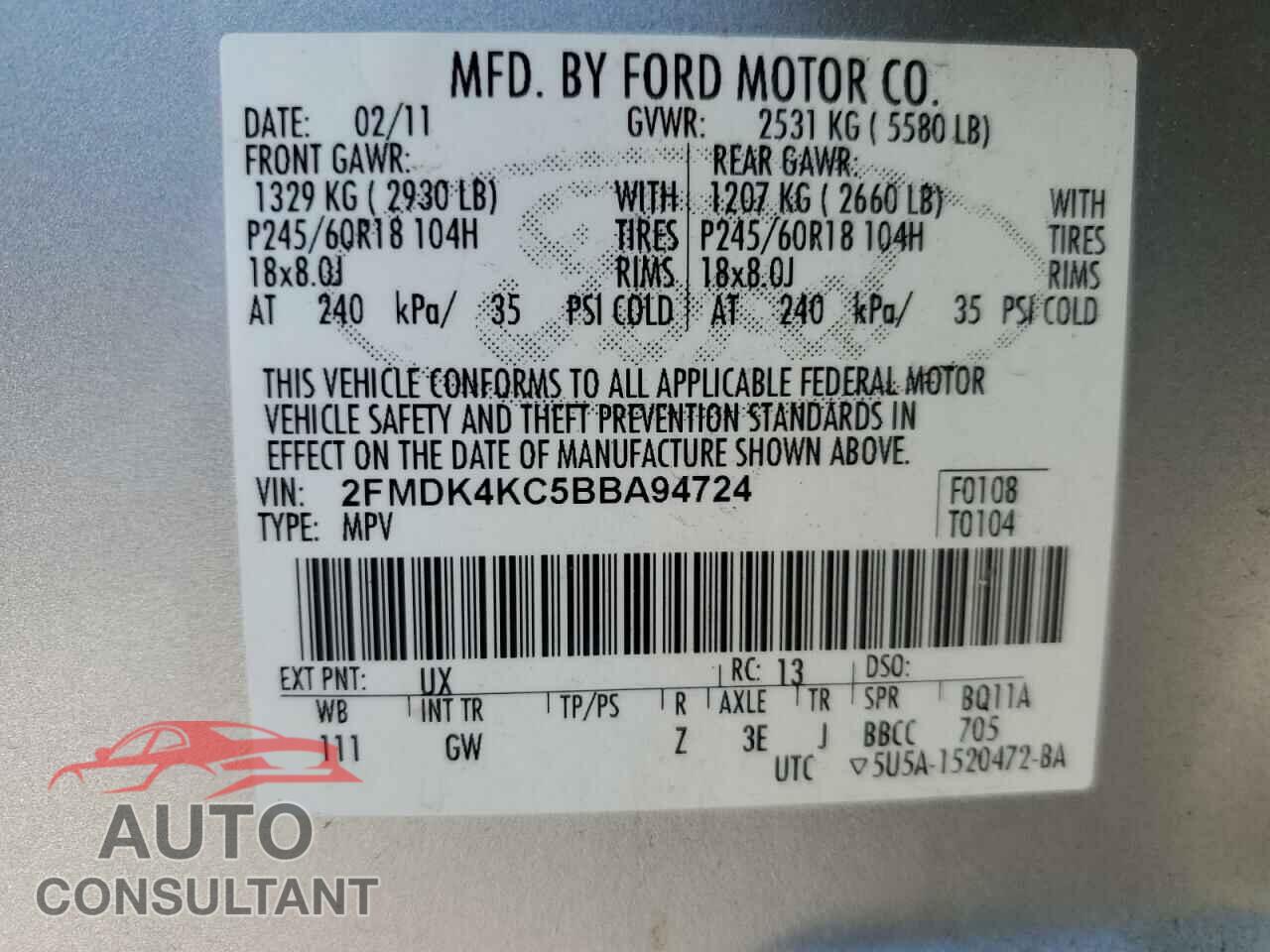 FORD EDGE 2011 - 2FMDK4KC5BBA94724