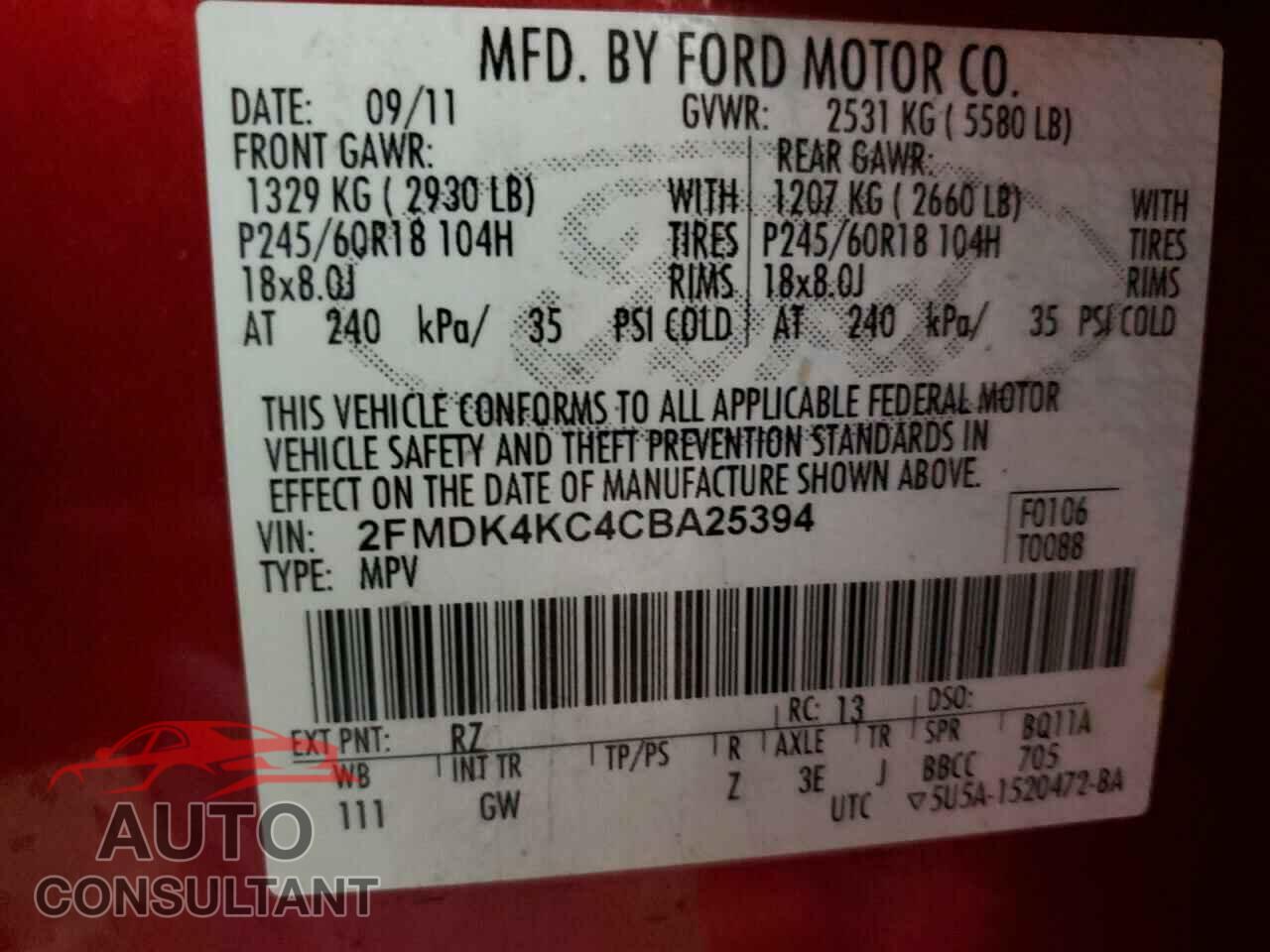 FORD EDGE 2012 - 2FMDK4KC4CBA25394