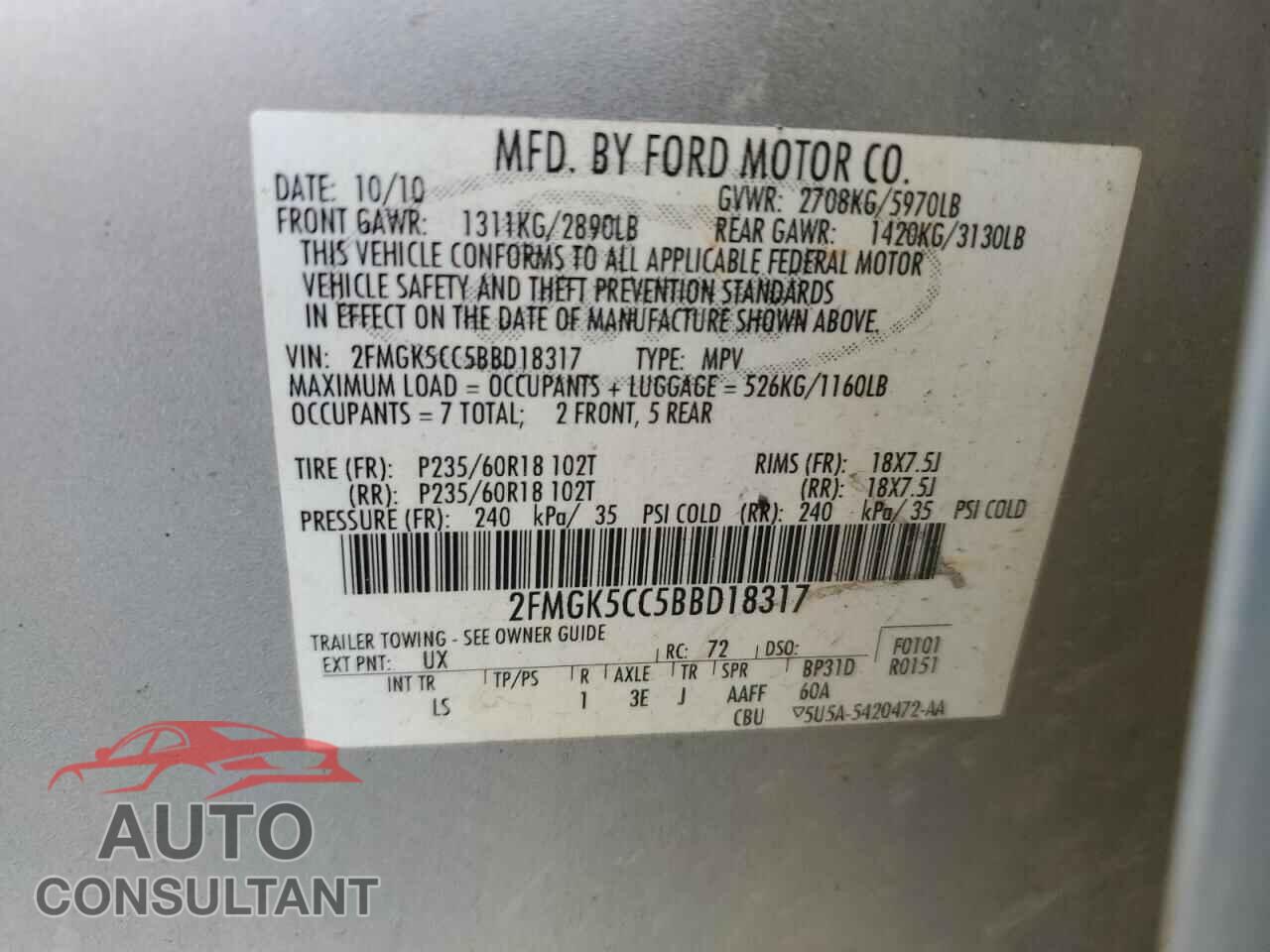 FORD FLEX 2011 - 2FMGK5CC5BBD18317