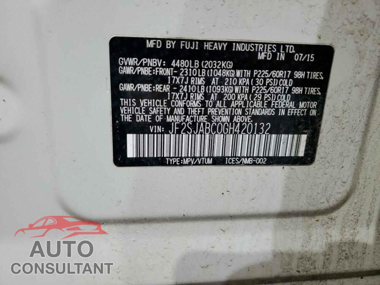 SUBARU FORESTER 2016 - JF2SJABC0GH420132