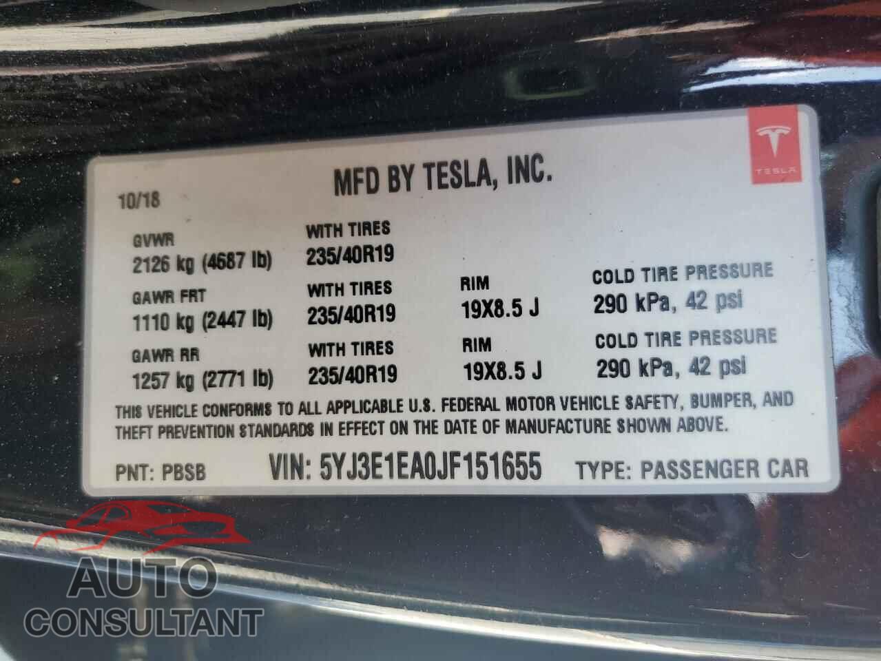 TESLA MODEL 3 2018 - 5YJ3E1EA0JF151655