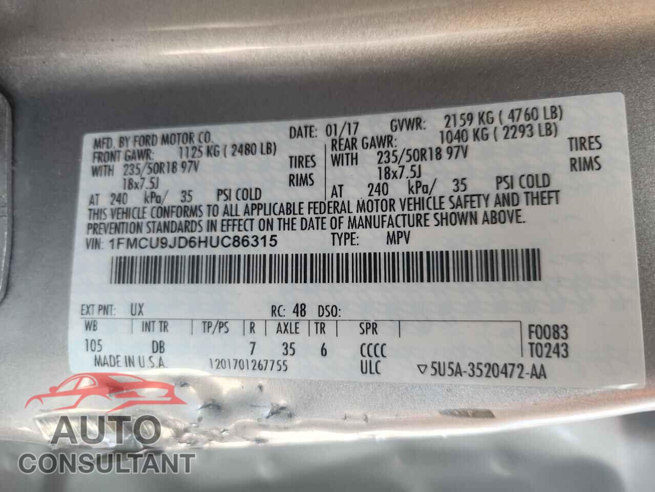 FORD ESCAPE 2017 - 1FMCU9JD6HUC86315