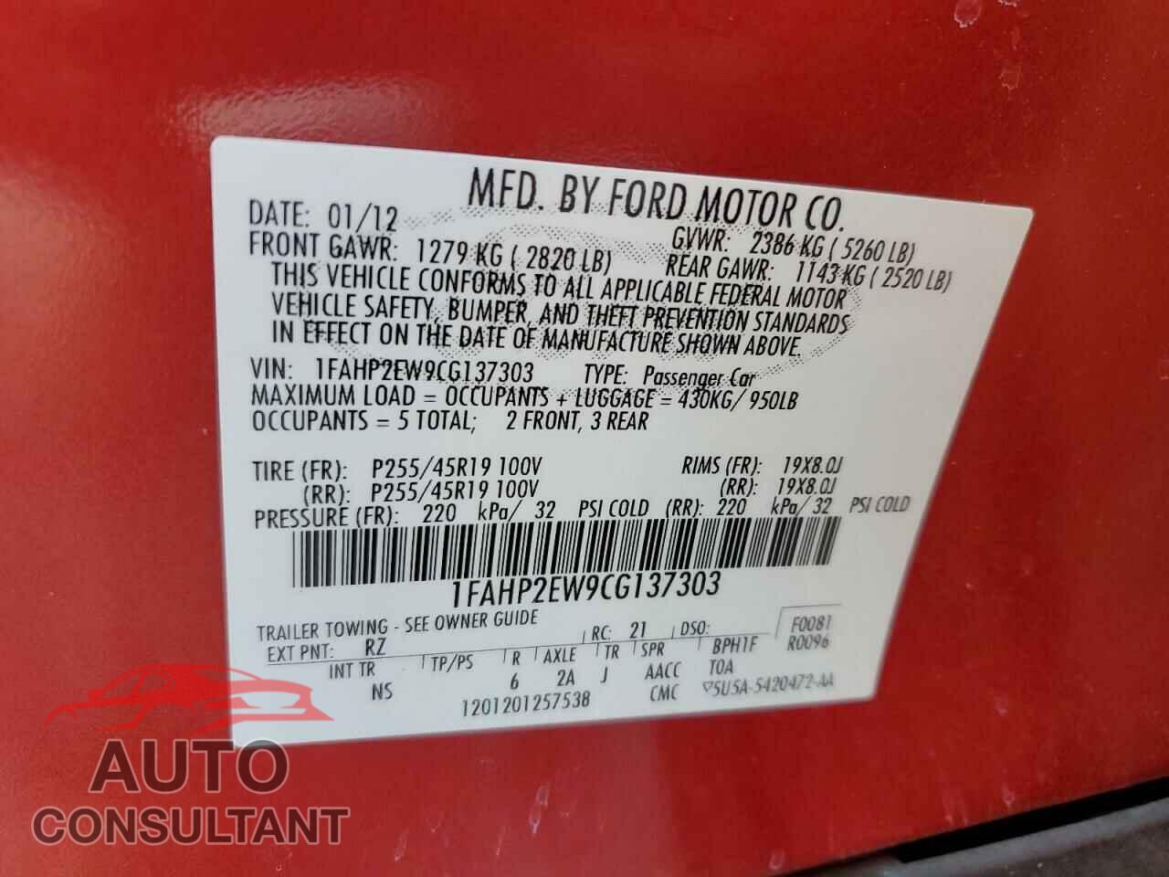 FORD TAURUS 2012 - 1FAHP2EW9CG137303