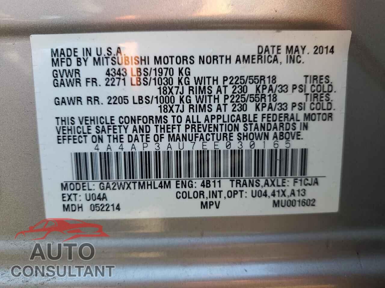 MITSUBISHI OUTLANDER 2014 - 4A4AP3AU7EE030165